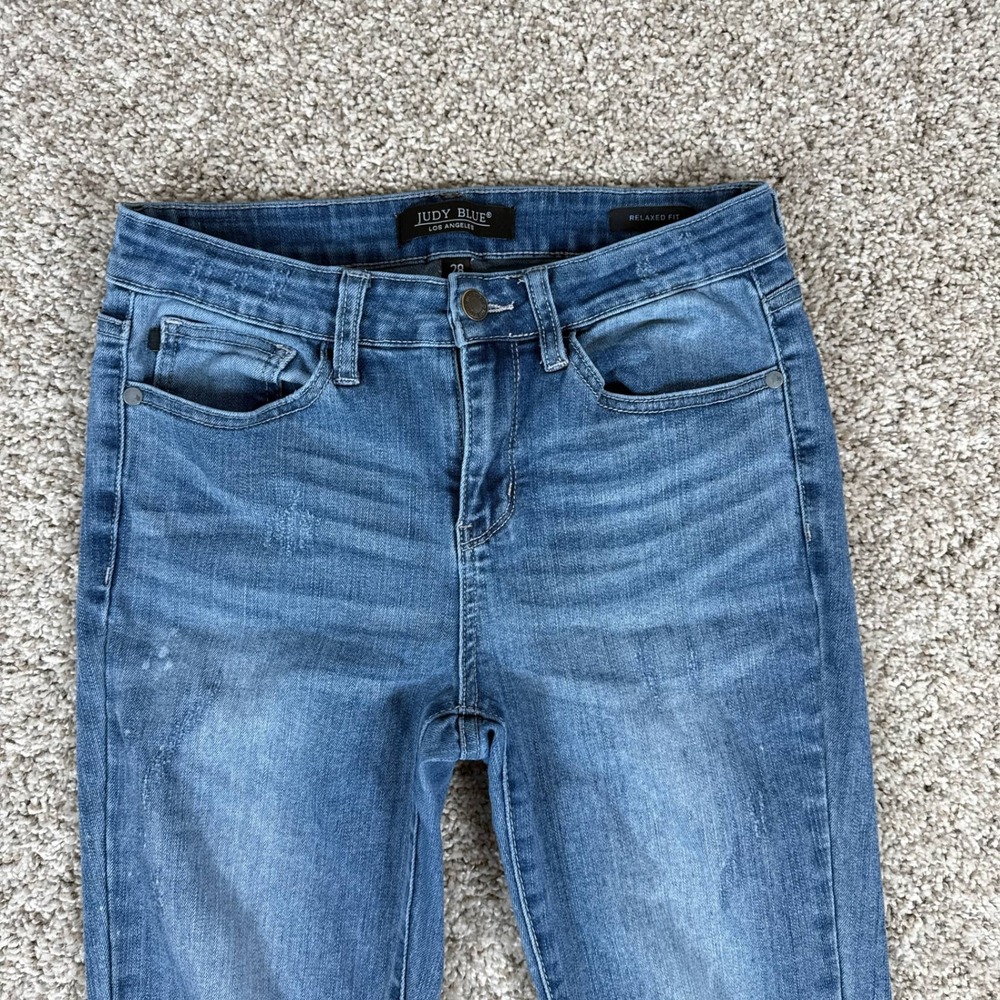 Judy Blue Jeans Womens 28 Relaxed Fit Distressed Ripped Knee Medium Blue Painted - Picture 3 of 13